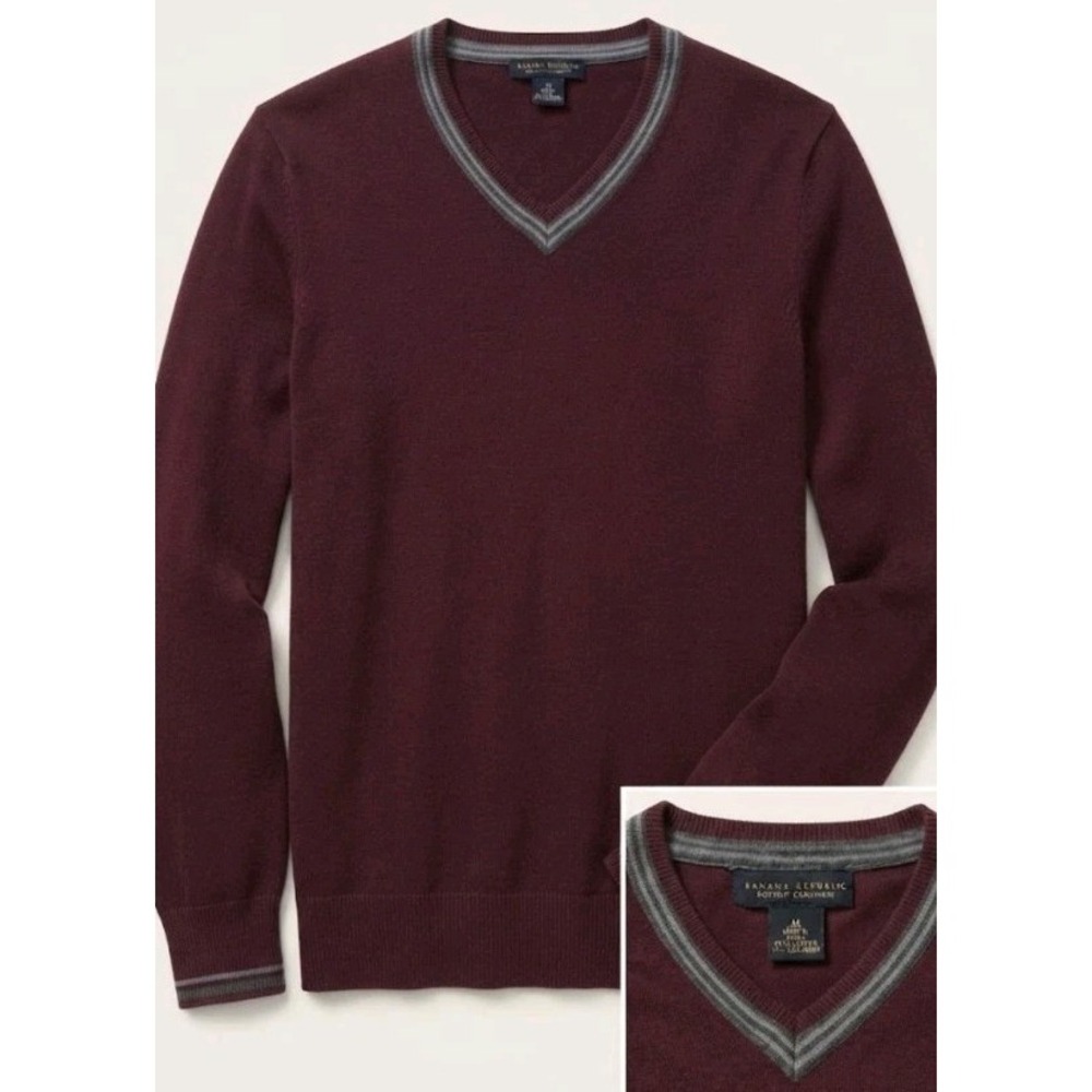 Banana Republic Men's Medium Cotton Cashmere V-Neck Sweater Burgundy Striped